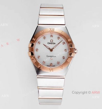 Swiss Copy Omega Constellation 28mm Quartz Watch 2-Tone Rose Gold